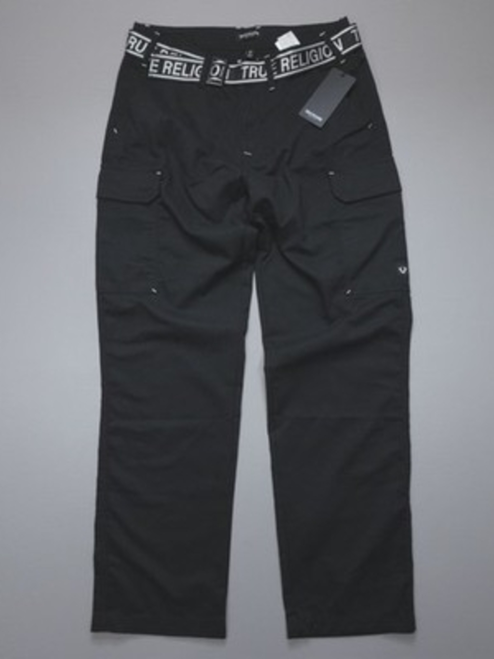 New True Religion Jeans Belted Logo Cargo Pants Jet Black Pockets Relaxed 700379